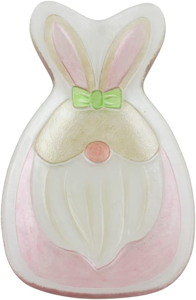 Easter Platter Table Décor Glass Serving Plate, Small, Pink Bunny Gnome